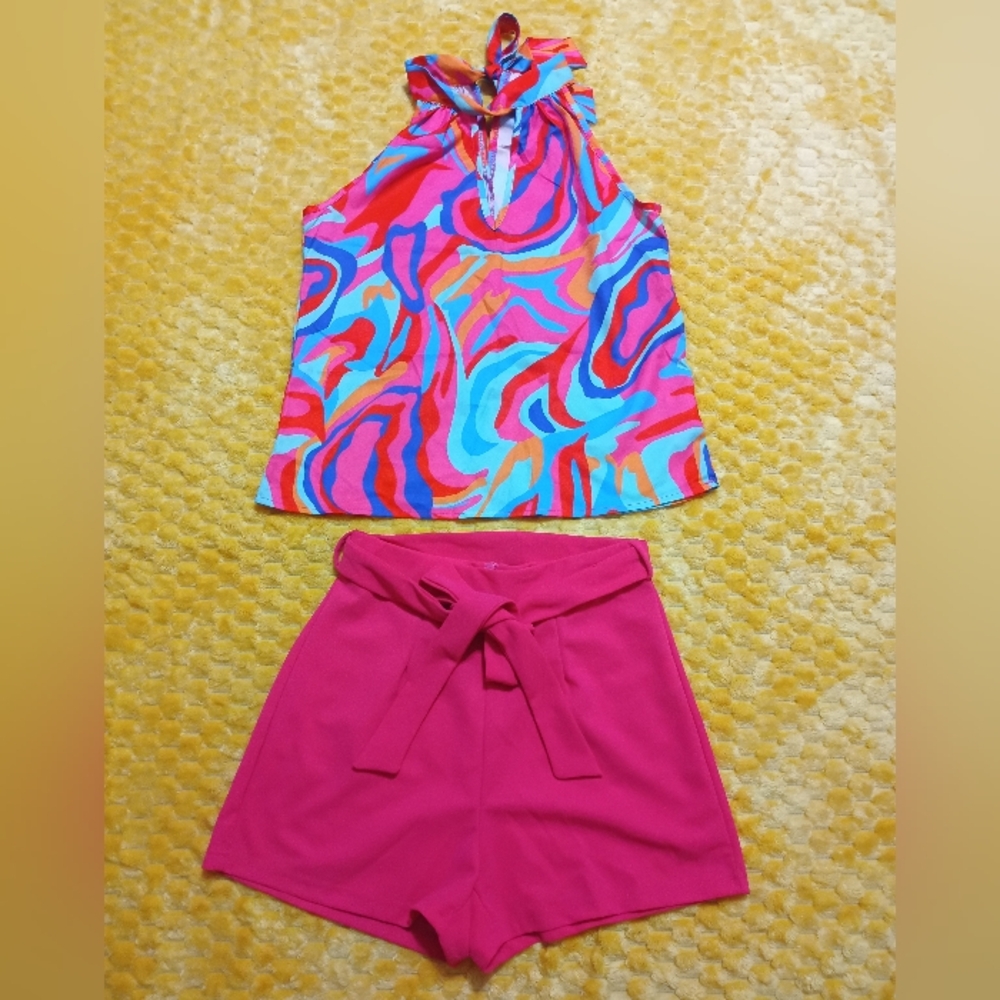 High Waist Pink Women's Shorts Set .
